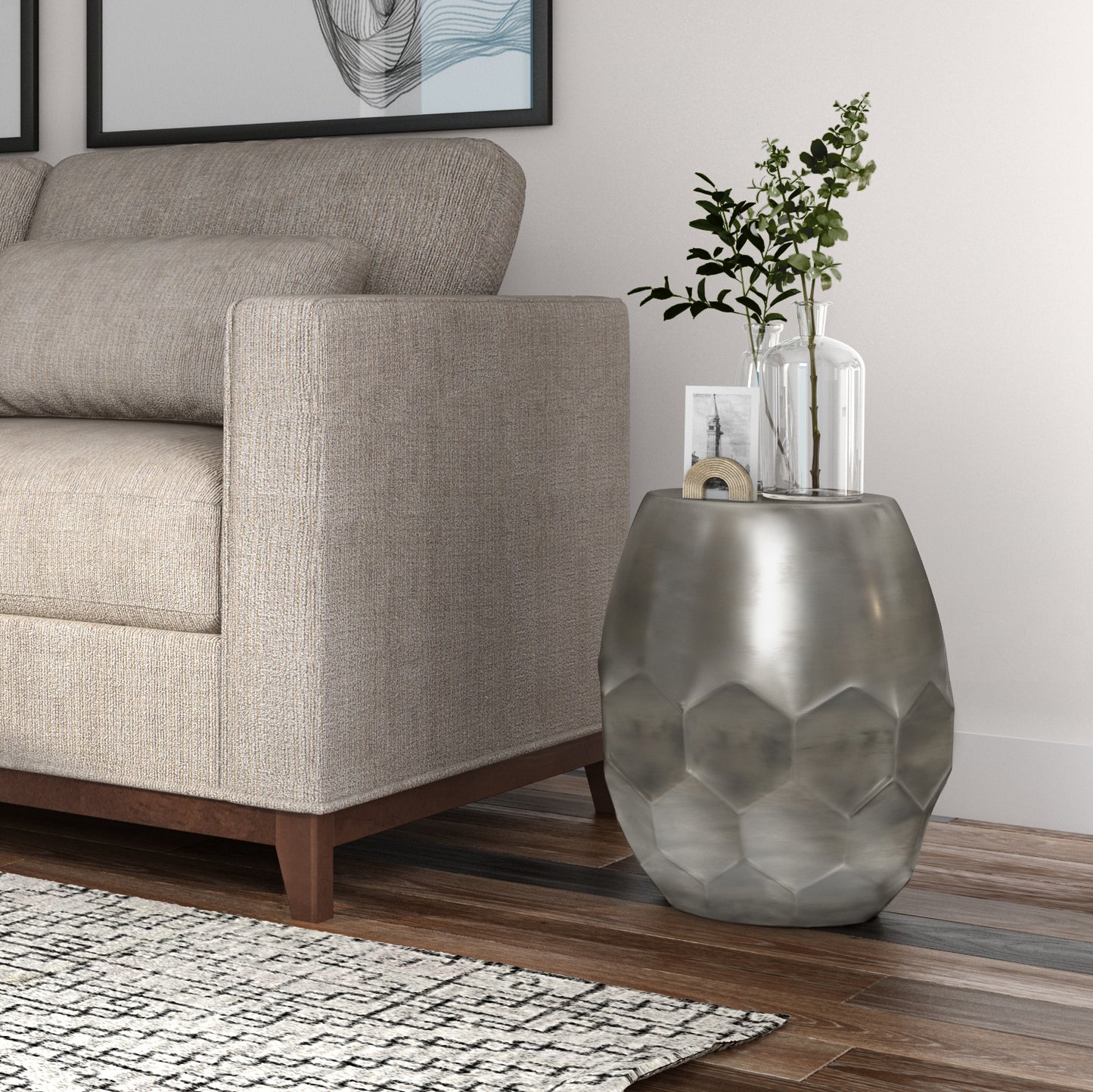 Gray Metal Accent Table - 16 Inch Round Side Table for Living Room