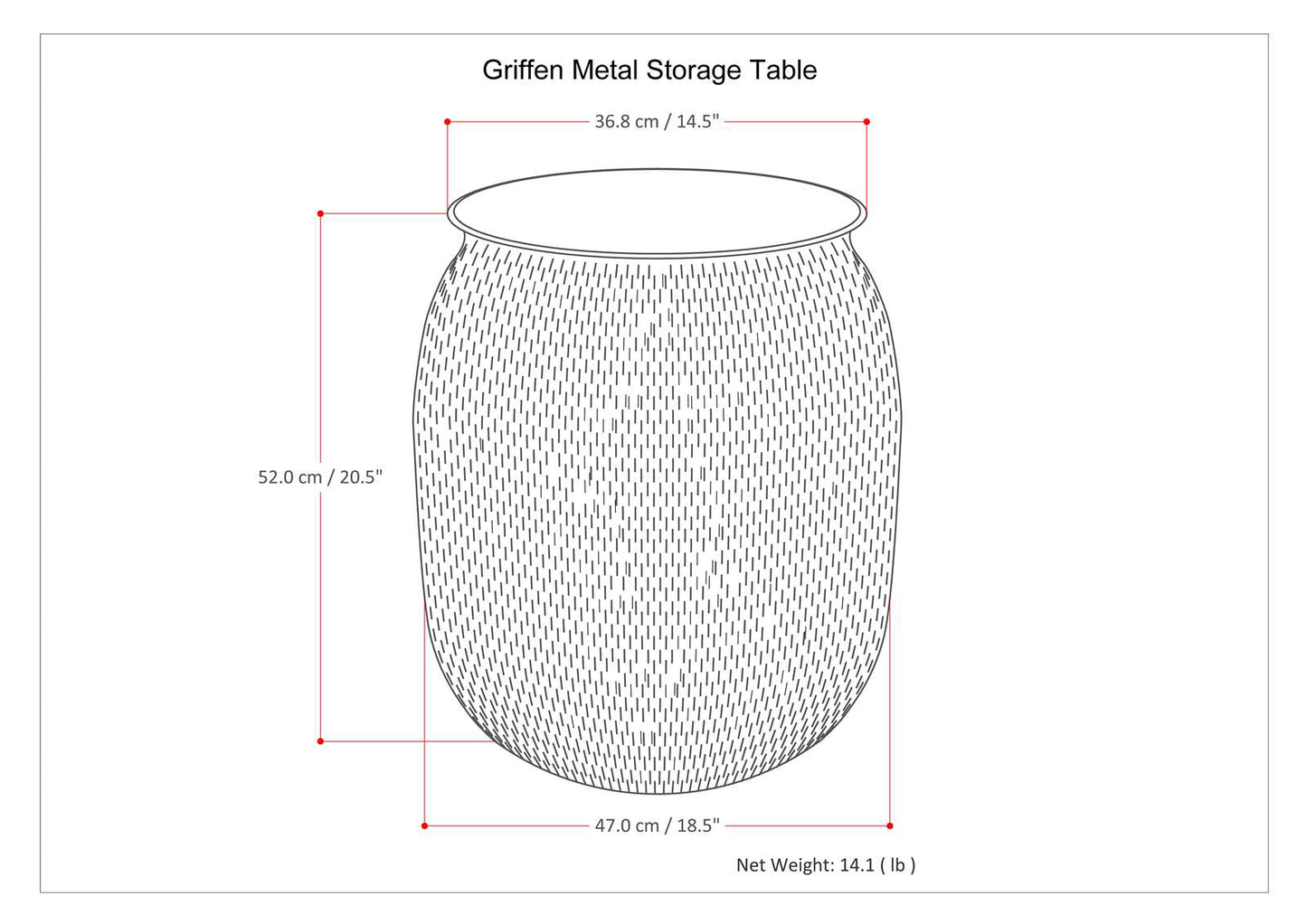 Bronze Metal Storage End Table - 18.5" Drum Shape for Living Room