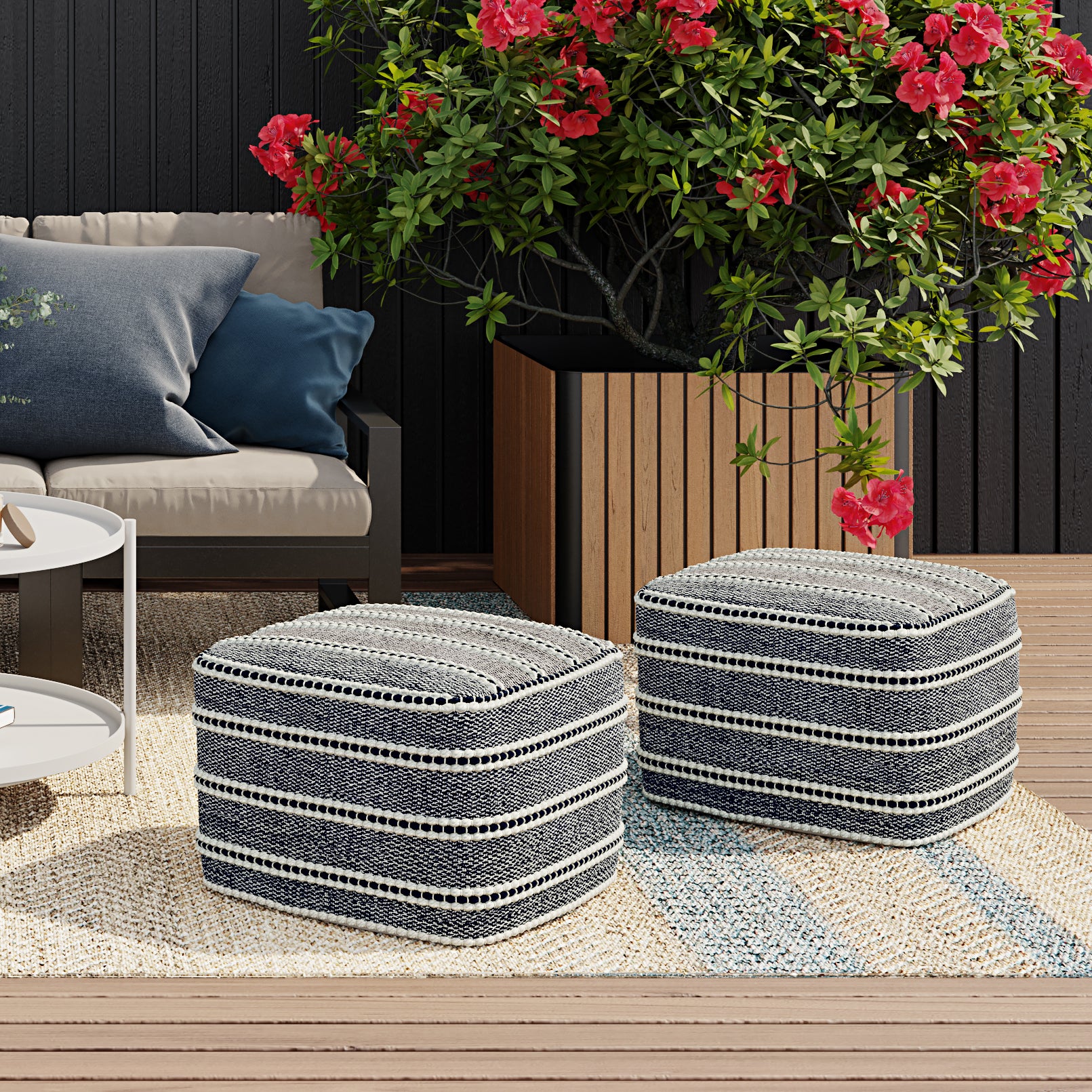 Blue Square Pouf, 18x18 inch, Water-Resistant Outdoor Fabric Seat for Living Room