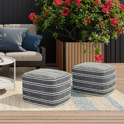 Blue Square Pouf, 18x18 inch, Water-Resistant Outdoor Fabric Seat for Living Room