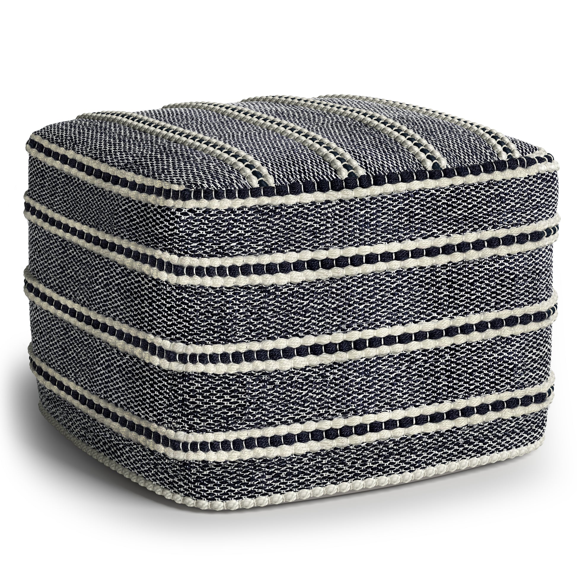 Corrie 18 inch Wide Square Pouf in Navy and White Woven PET Polyester