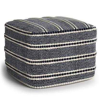 Corrie 18 inch Wide Square Pouf in Navy and White Woven PET Polyester