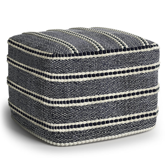 Corrie 18 inch Wide Square Pouf in Navy and White Woven PET Polyester