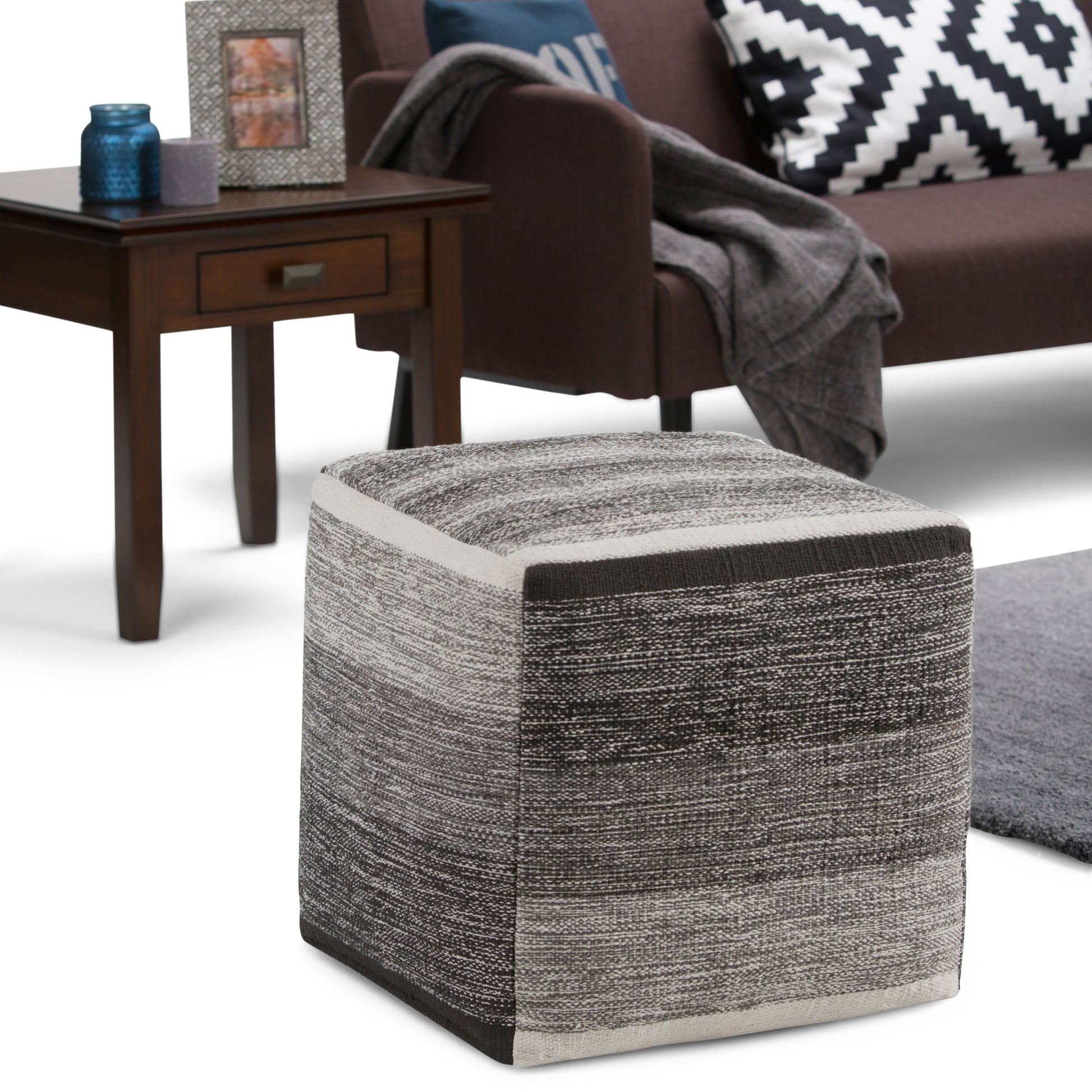 16 inch Cube Pouf in Gray Melange Handwoven Cotton for Cozy Seating