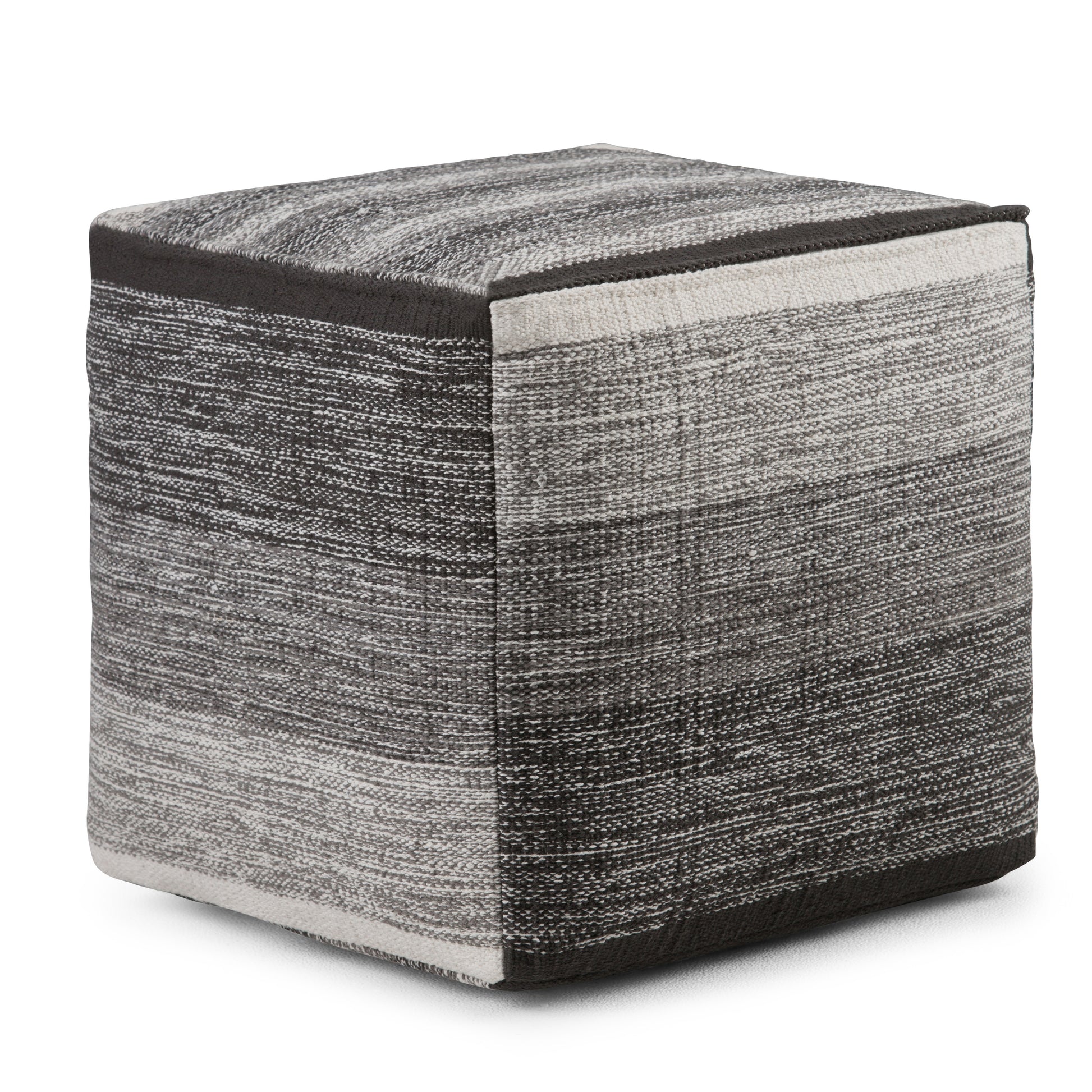 Naya 16 inch Wide Cube Pouf in Patterned Grey Melange Handwoven Cotton