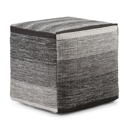 Naya 16 inch Wide Cube Pouf in Patterned Grey Melange Handwoven Cotton