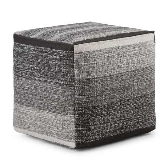 Naya 16 inch Wide Cube Pouf in Patterned Grey Melange Handwoven Cotton