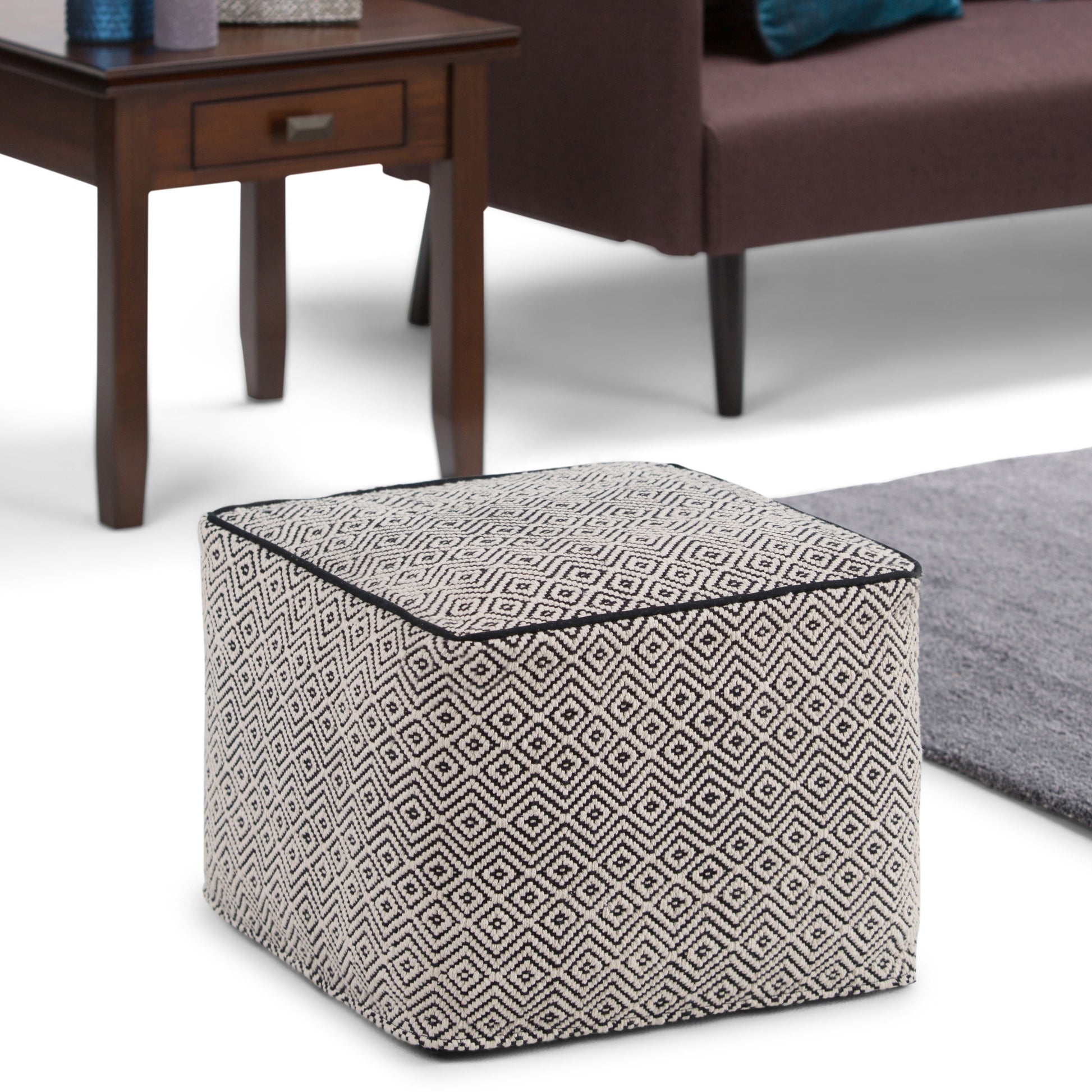 Black Geometric Square Pouf - 18" Wide Footstool & Accent Chair for Living Room