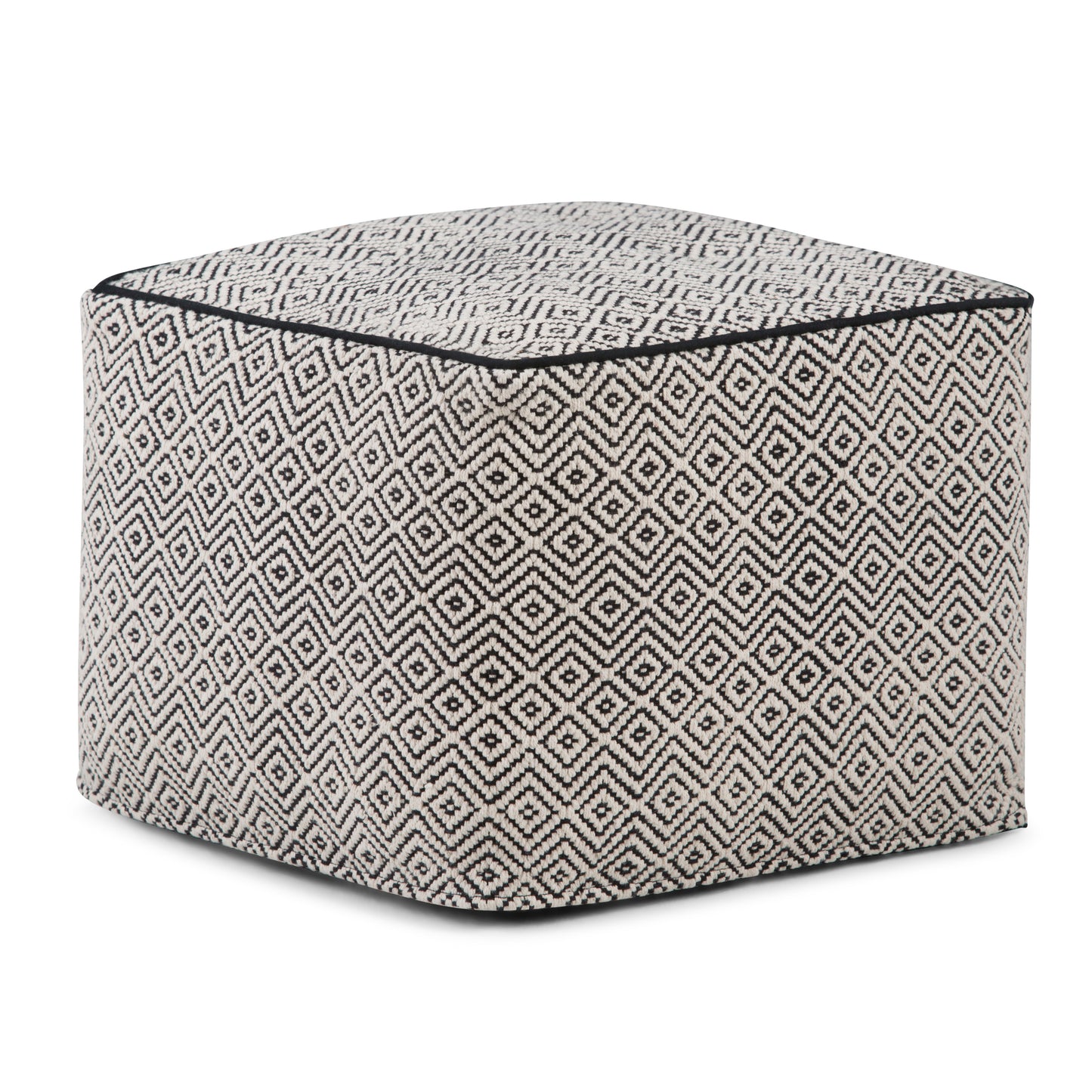 Brynn 18 inch Wide Square Pouf in Patterned Black and Natural Handwoven Cotton