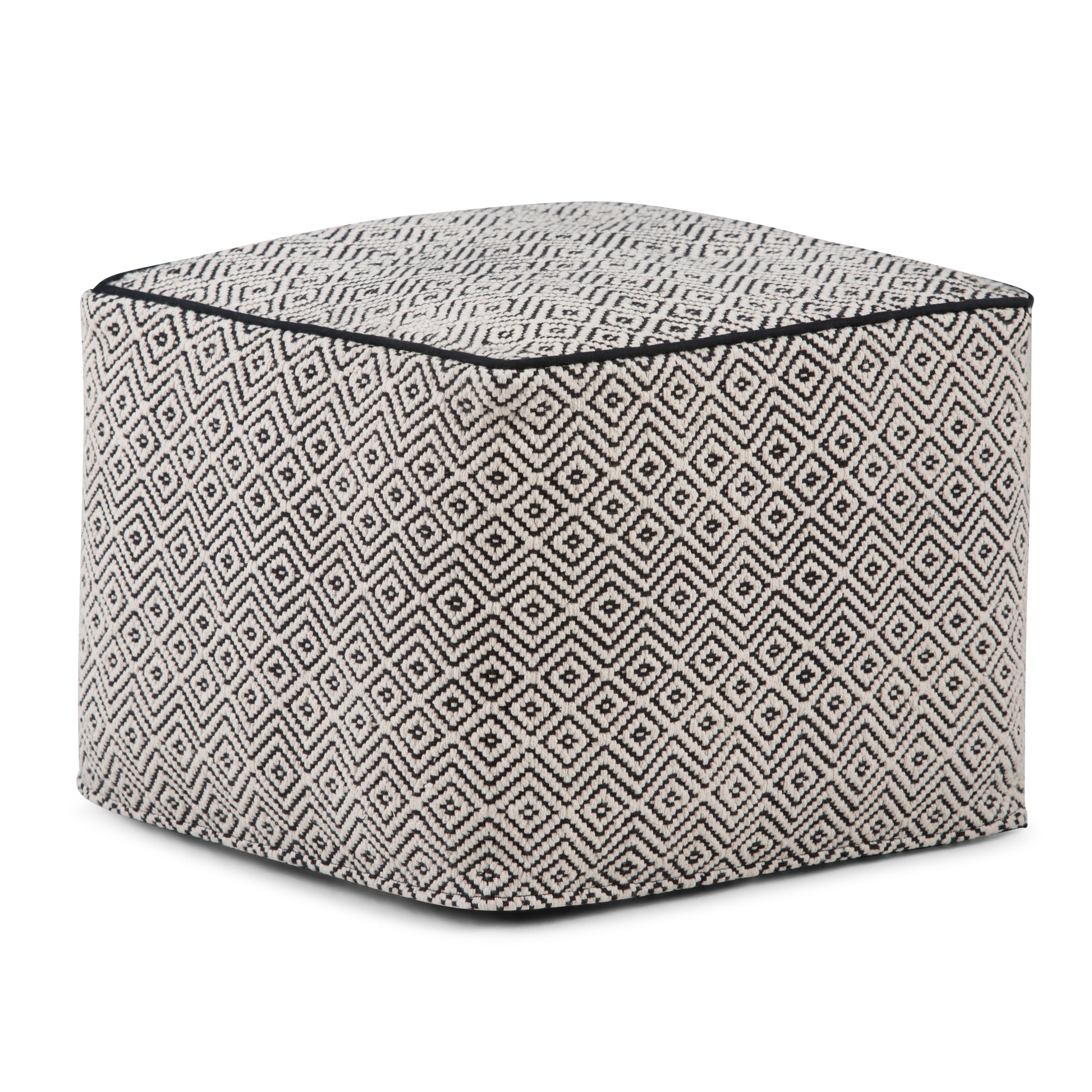 Brynn 18 inch Wide Square Pouf in Patterned Black and Natural Handwoven Cotton