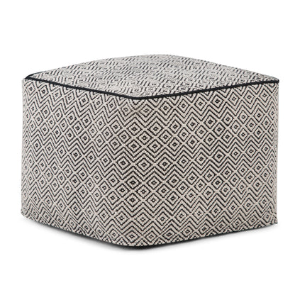 Brynn 18 inch Wide Square Pouf in Patterned Black and Natural Handwoven Cotton