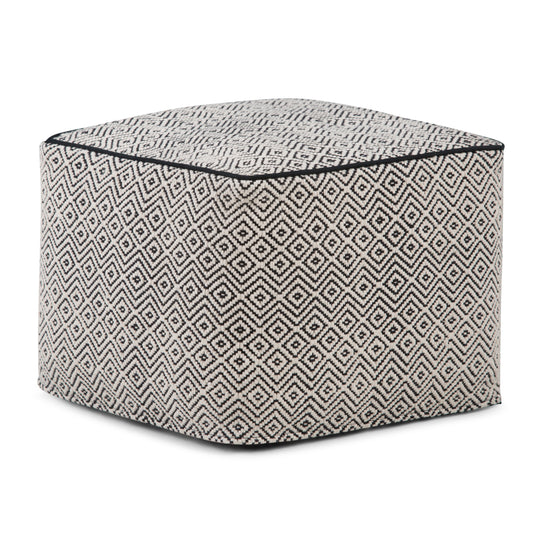 Brynn 18 inch Wide Square Pouf in Patterned Black and Natural Handwoven Cotton