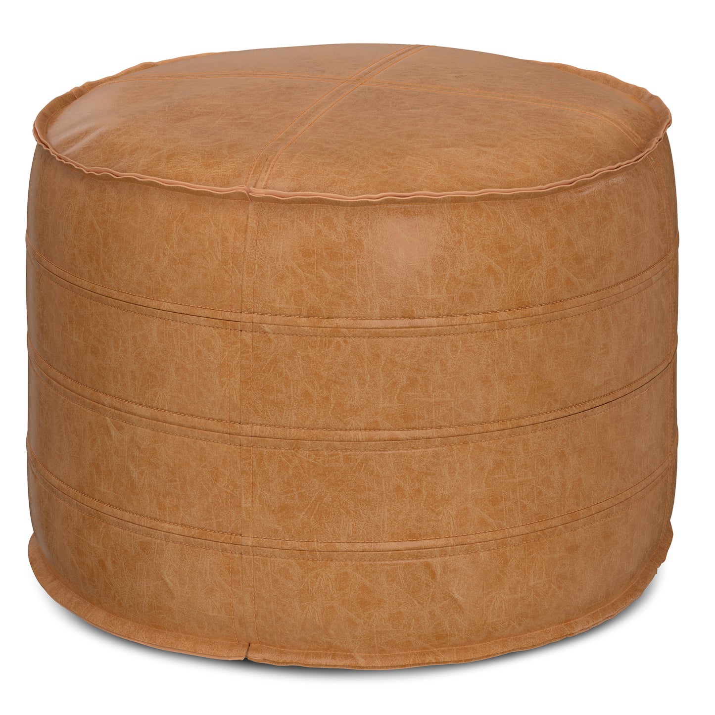 Brody 20 inch Wide Round Pouf in Distressed Brown Vegan Leather