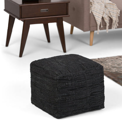 Black Woven Leather Square Pouf - 18" Diameter for Living Room