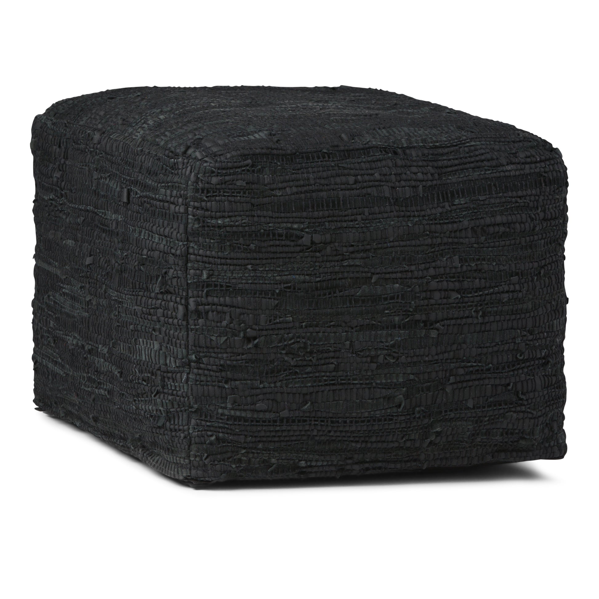 Fredrik 18 inch Wide Square Pouf in Black Woven Genuine Leather