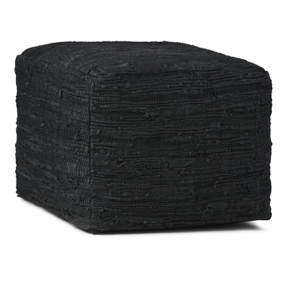 Fredrik 18 inch Wide Square Pouf in Black Woven Genuine Leather