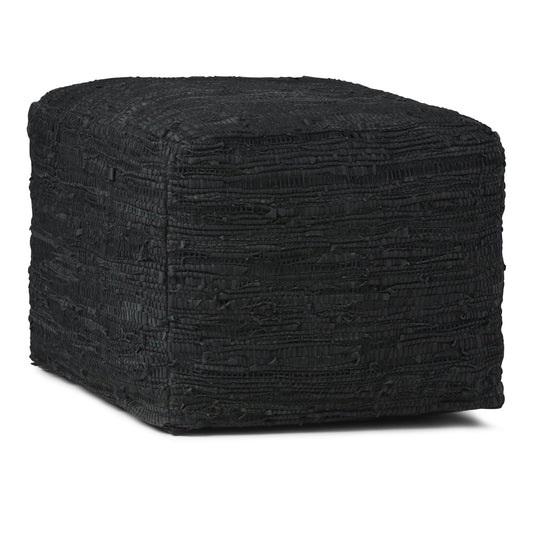 Fredrik 18 inch Wide Square Pouf in Black Woven Genuine Leather