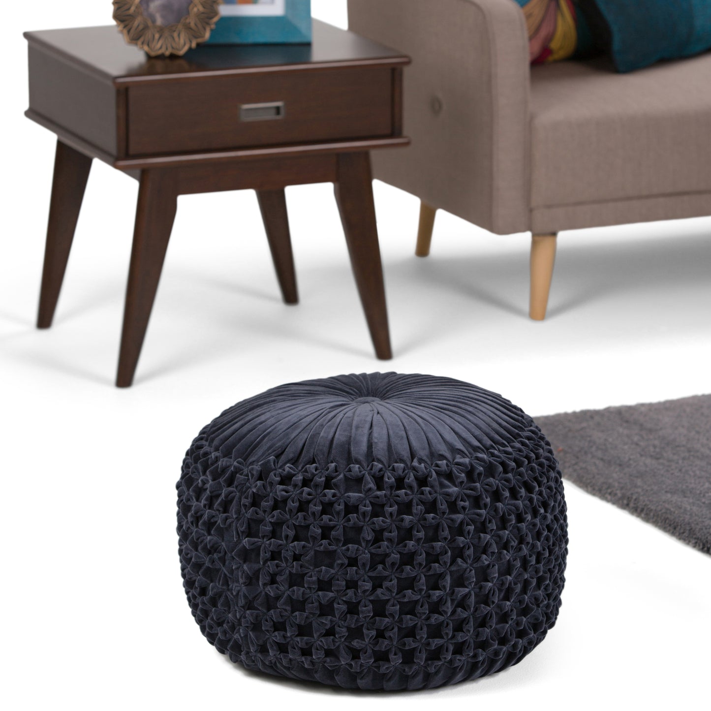 Navy Blue Velvet Round Pouf - 20 Inch Wide
