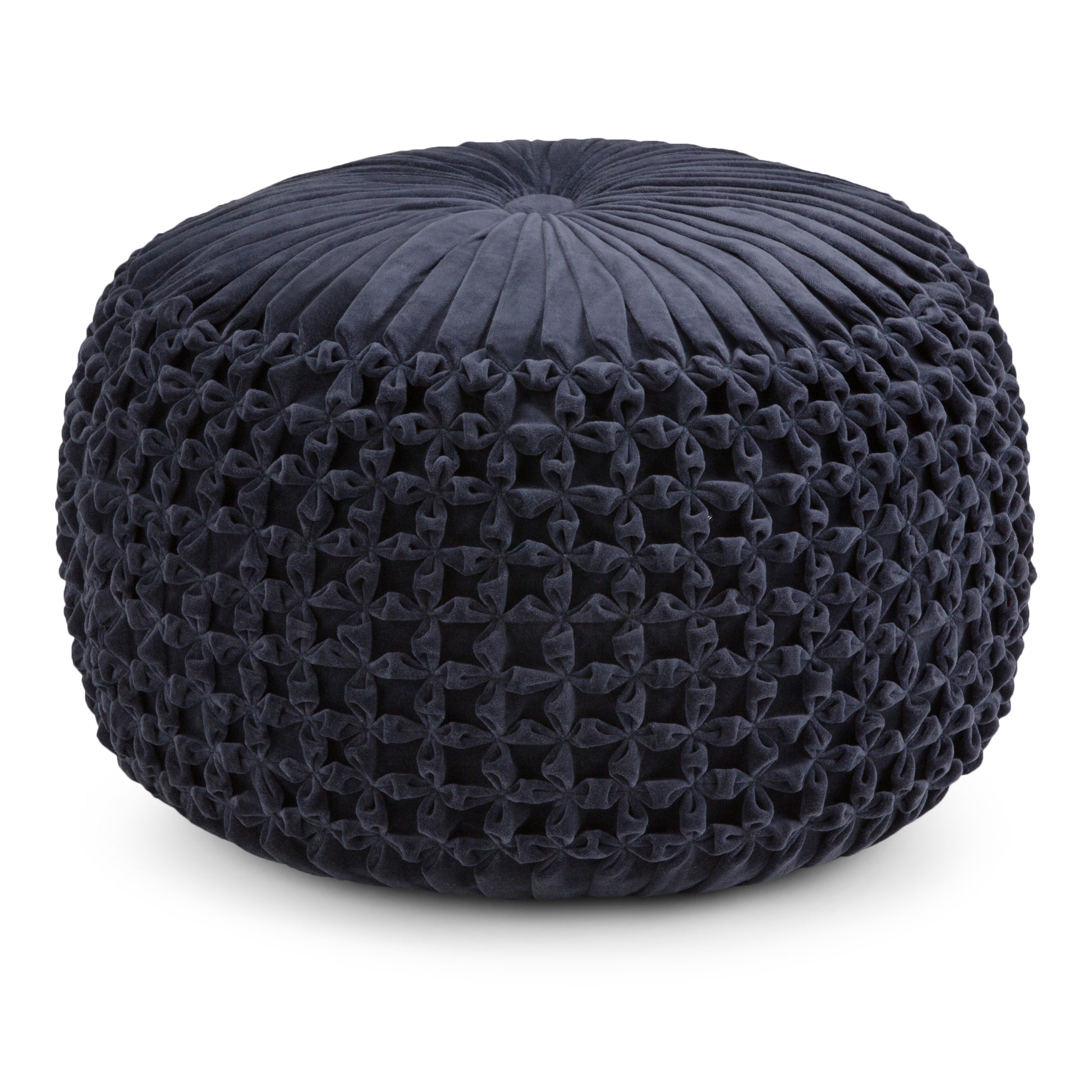 Renee 20 inch Wide Round Pouf in Navy Velvet
