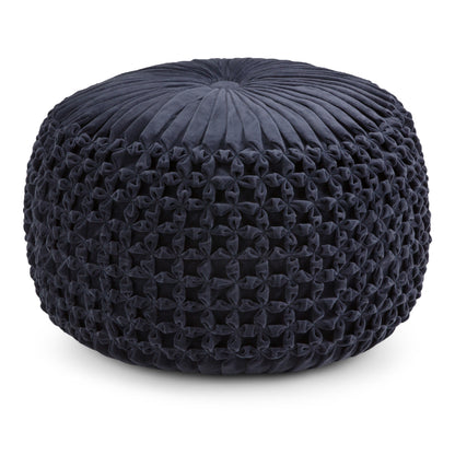 Renee 20 inch Wide Round Pouf in Navy Velvet