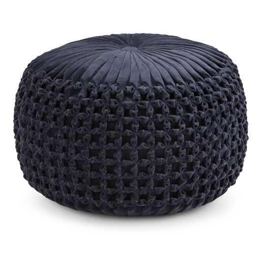 Renee 20 inch Wide Round Pouf in Navy Velvet