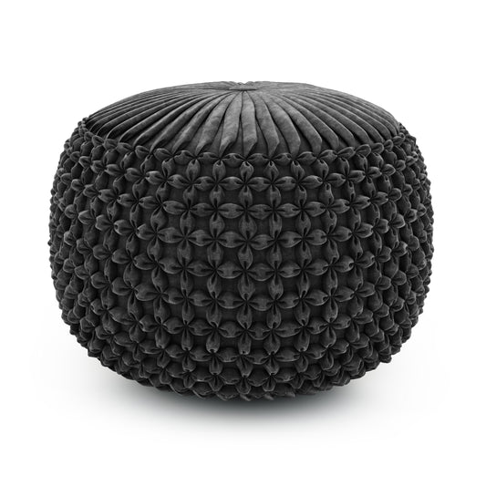 Renee 20 inch Wide Round Pouf in Slate Grey Velvet