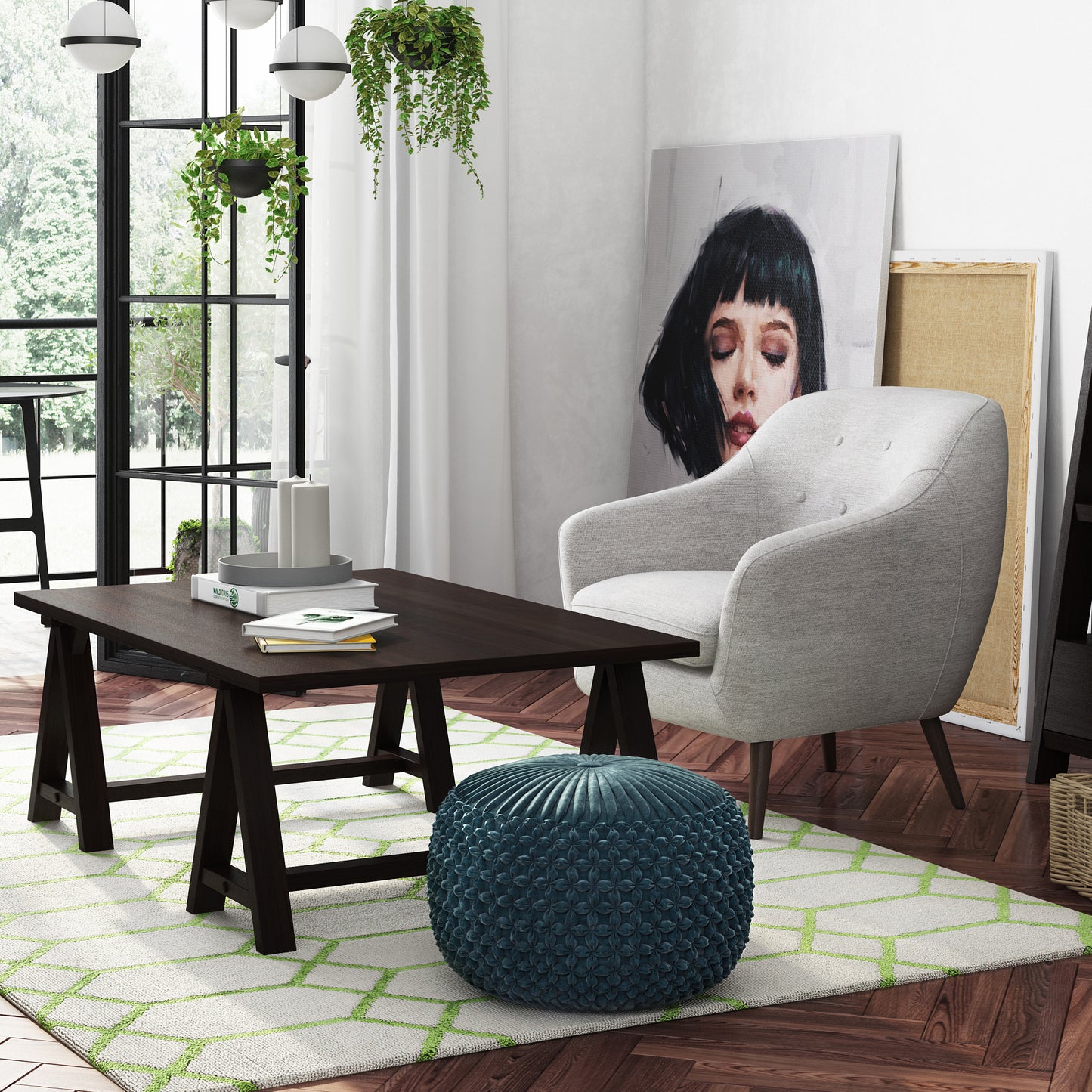 Teal Velvet Round Pouf - 20 Inch Wide Comfort Seat for Living Room