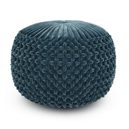 Renee 20 inch Wide Round Pouf in Teal Velvet