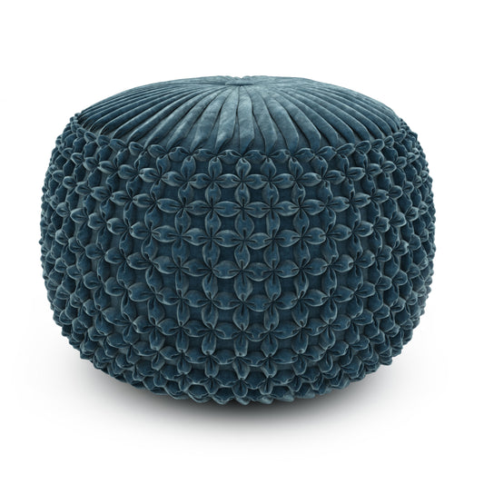 Renee 20 inch Wide Round Pouf in Teal Velvet