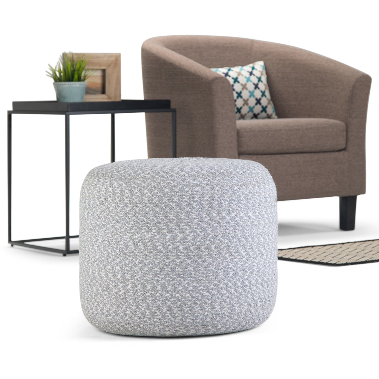 Light Blue Round Pouf - 20" Diameter Fabric Seat for Living Room