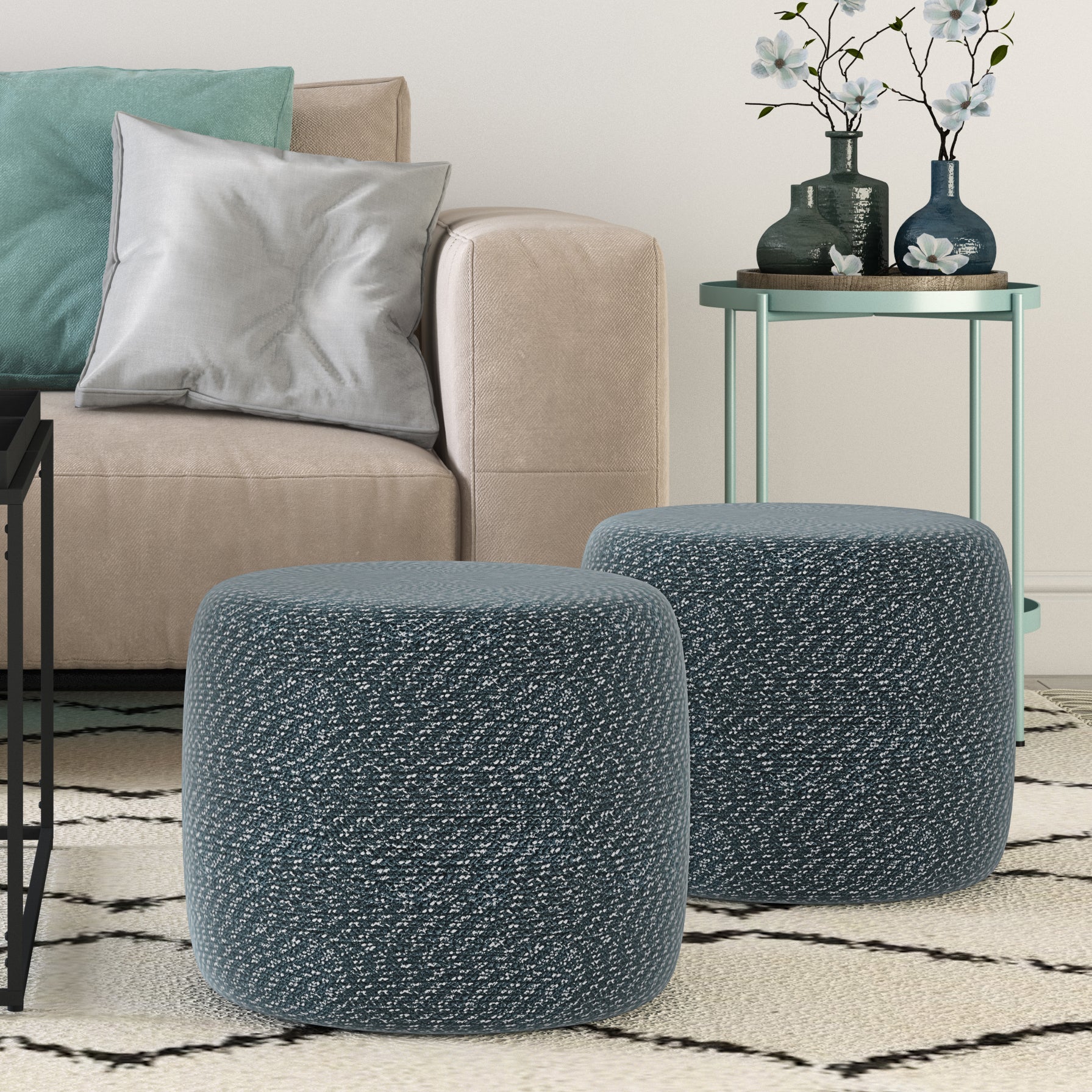 Comfortable Blue Fabric Round Pouf for Living Room Seating and Ottoman Use