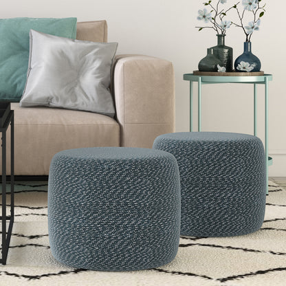 Comfortable Blue Fabric Round Pouf for Living Room Seating and Ottoman Use
