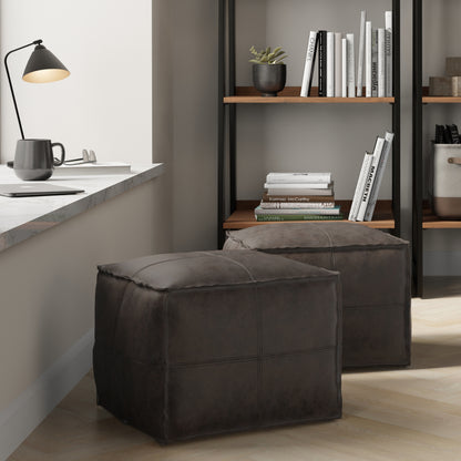 Dark Brown Leather Square Pouf - 18" Wide for Living Room