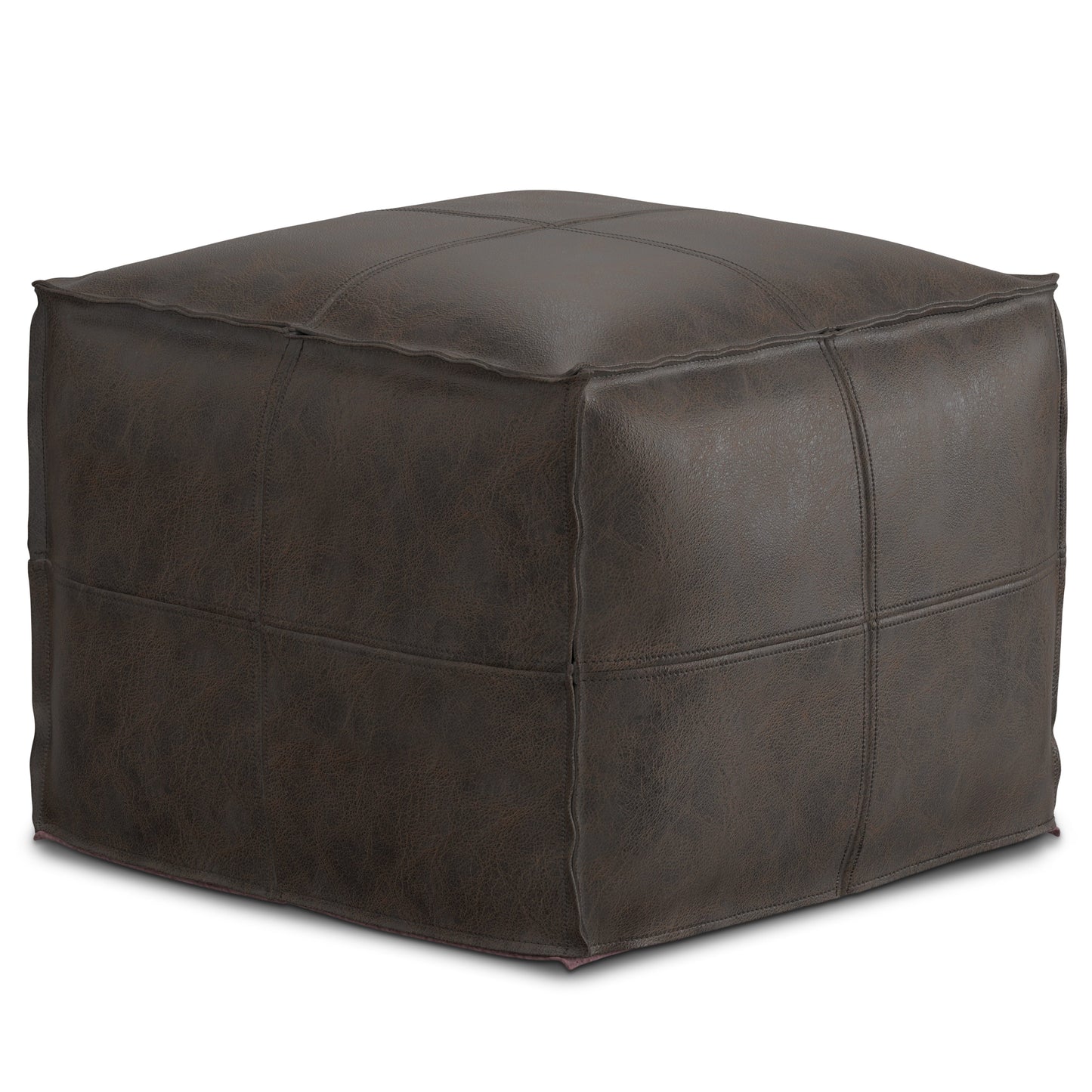 Sheffield 18 inch Wide Square Pouf in Distressed Dark Brown Genuine Leather