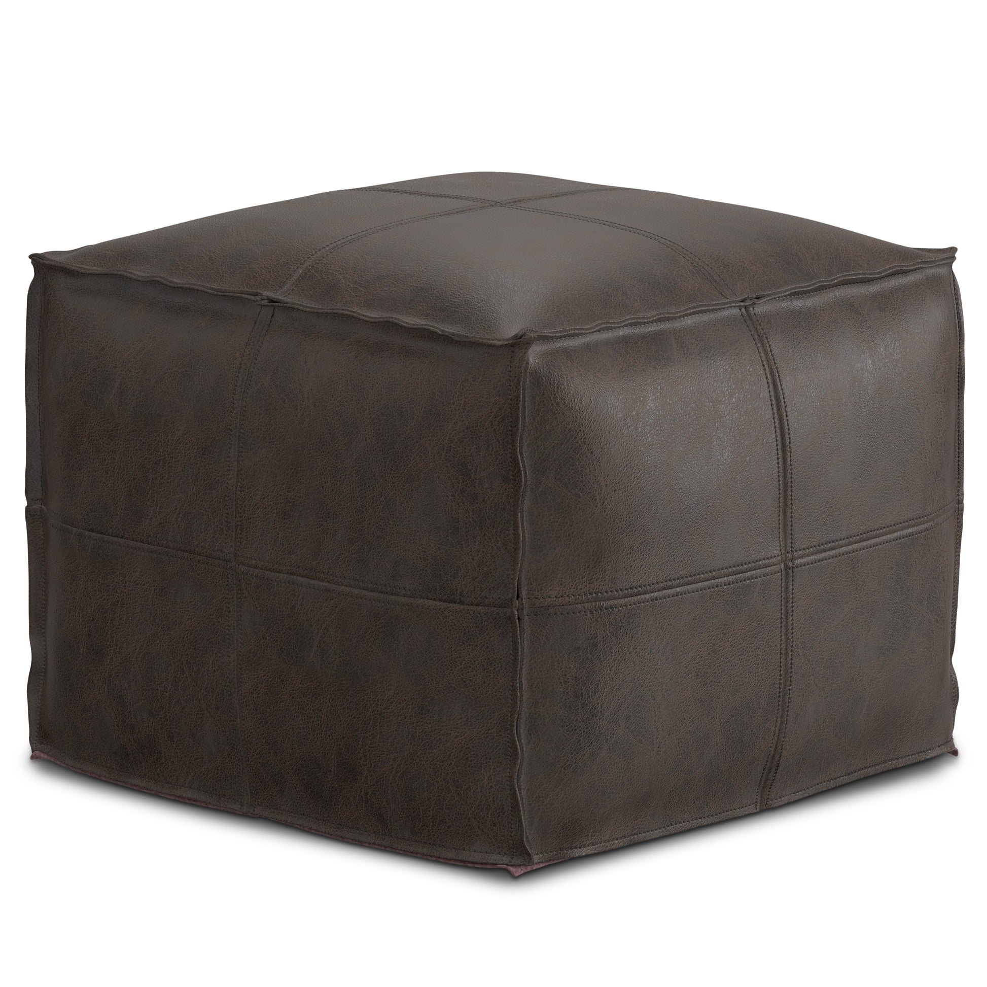 Sheffield 18 inch Wide Square Pouf in Distressed Dark Brown Genuine Leather