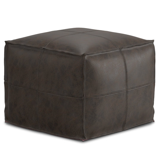 Sheffield 18 inch Wide Square Pouf in Distressed Dark Brown Genuine Leather