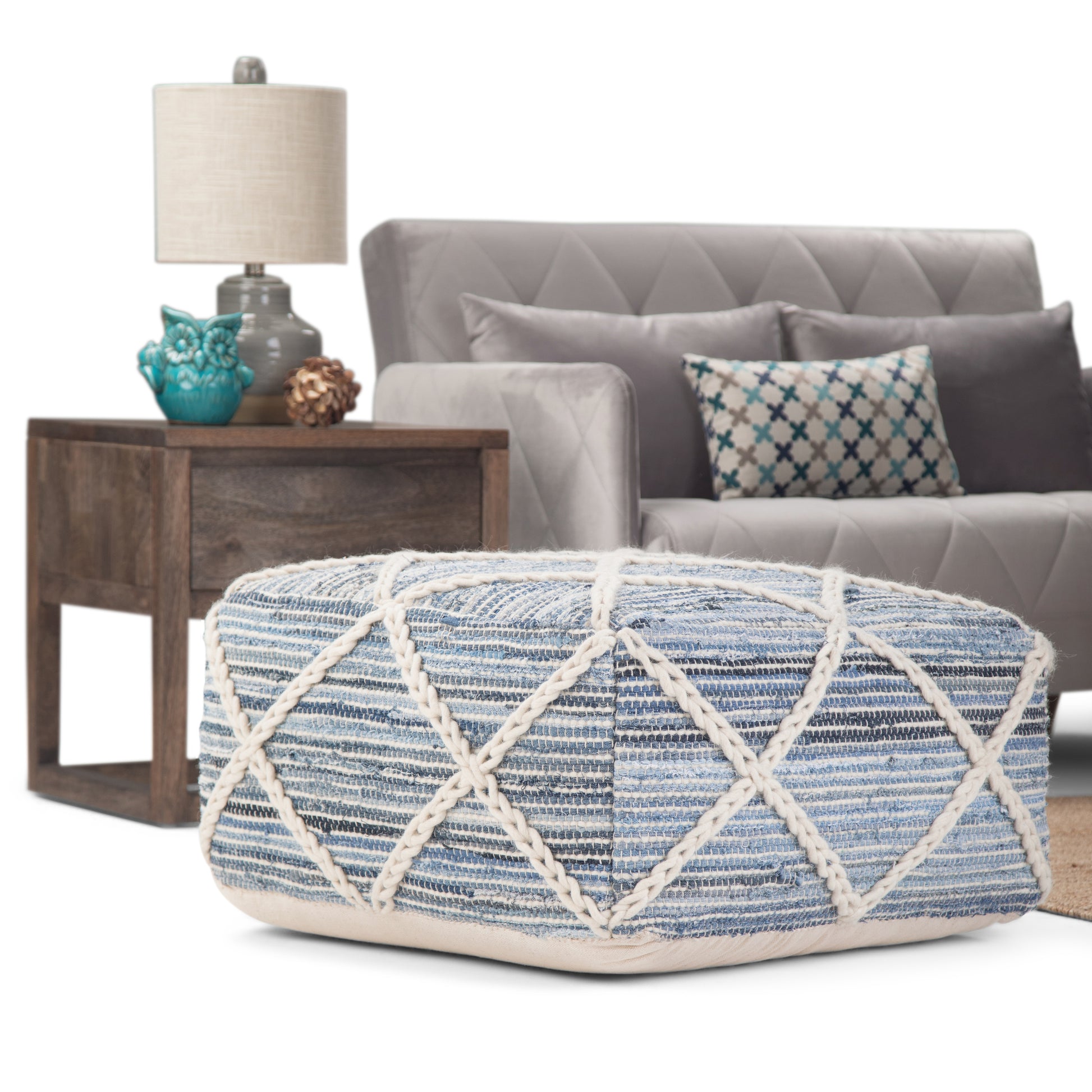 Light Blue Square Bean Bag Chair Footstool for Cozy Living Room