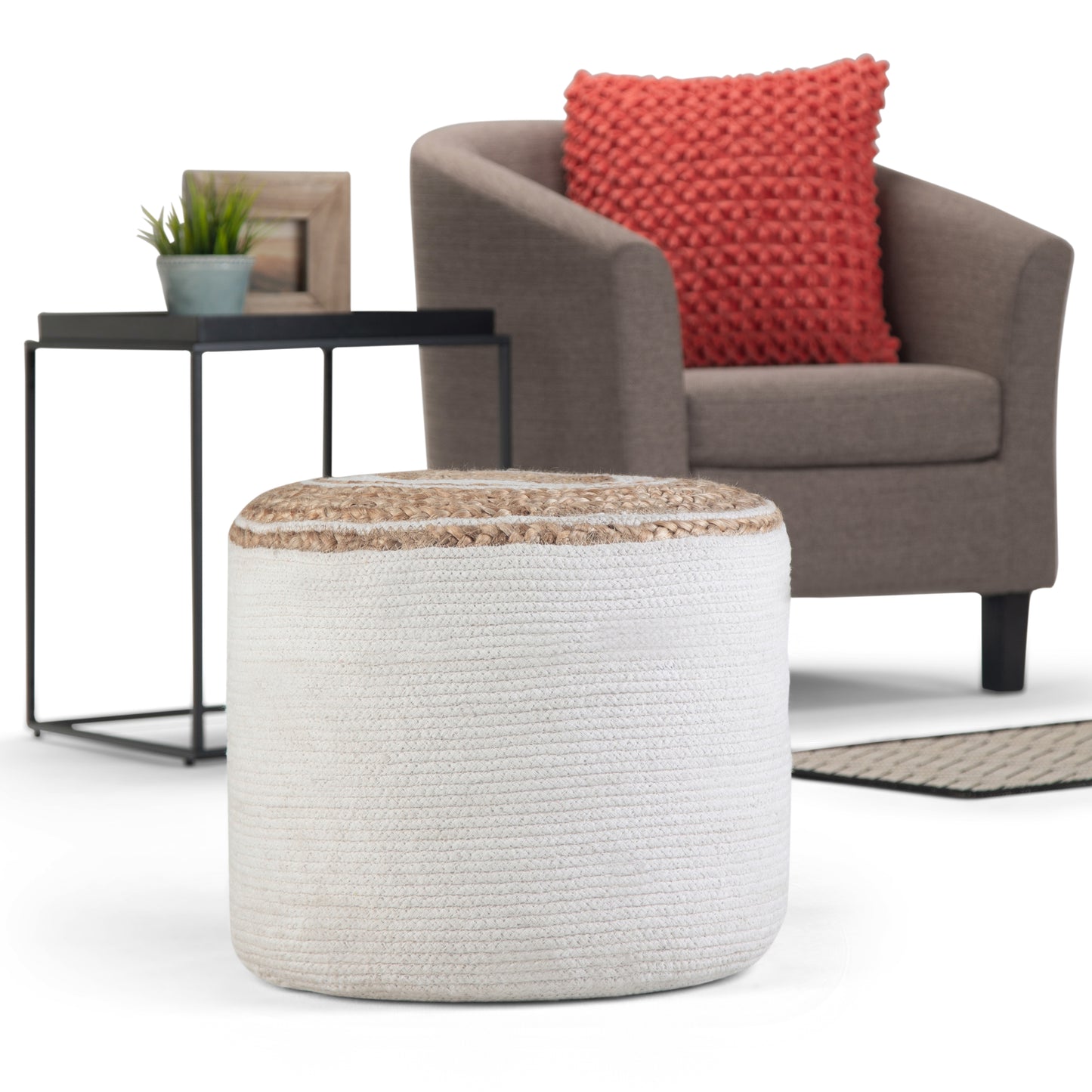 White Round Jute Pouf for Living Room Ottoman Seating