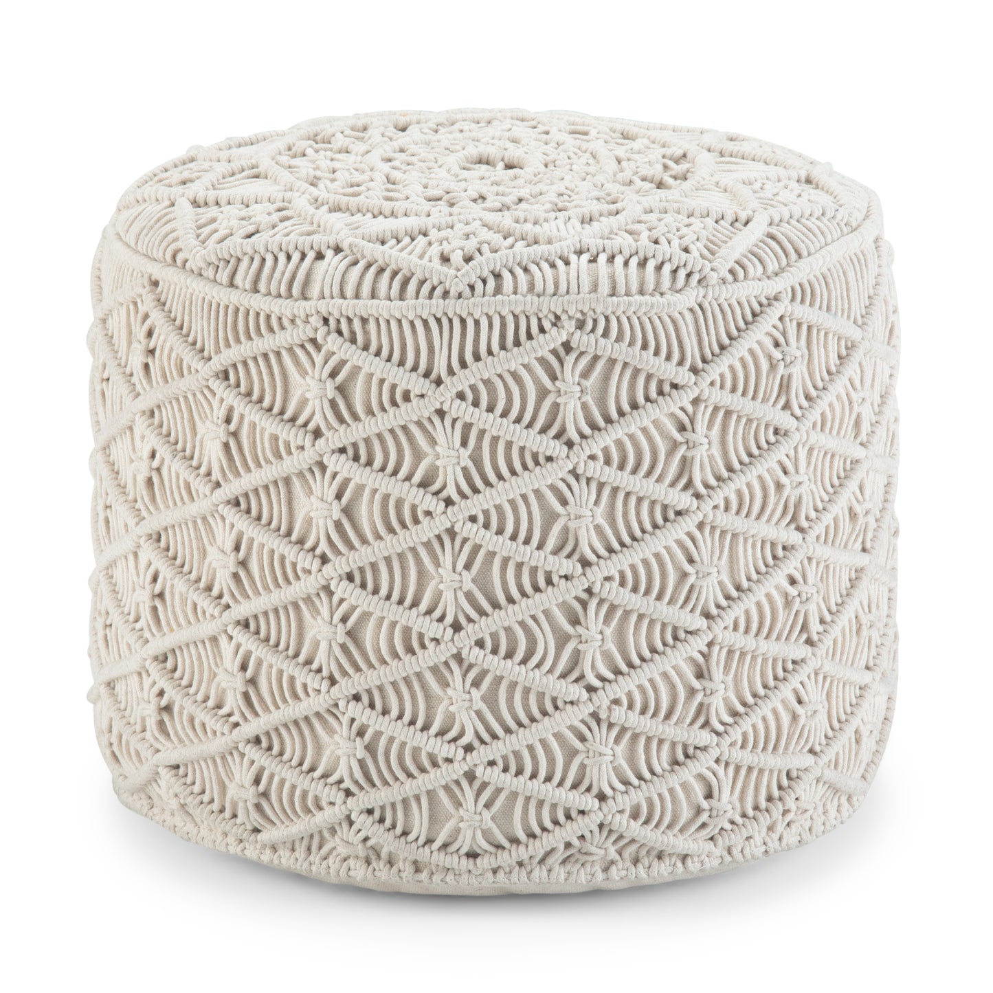 Coates 18 inch Wide Round Pouf in Natural Handwoven Cotton Macrame