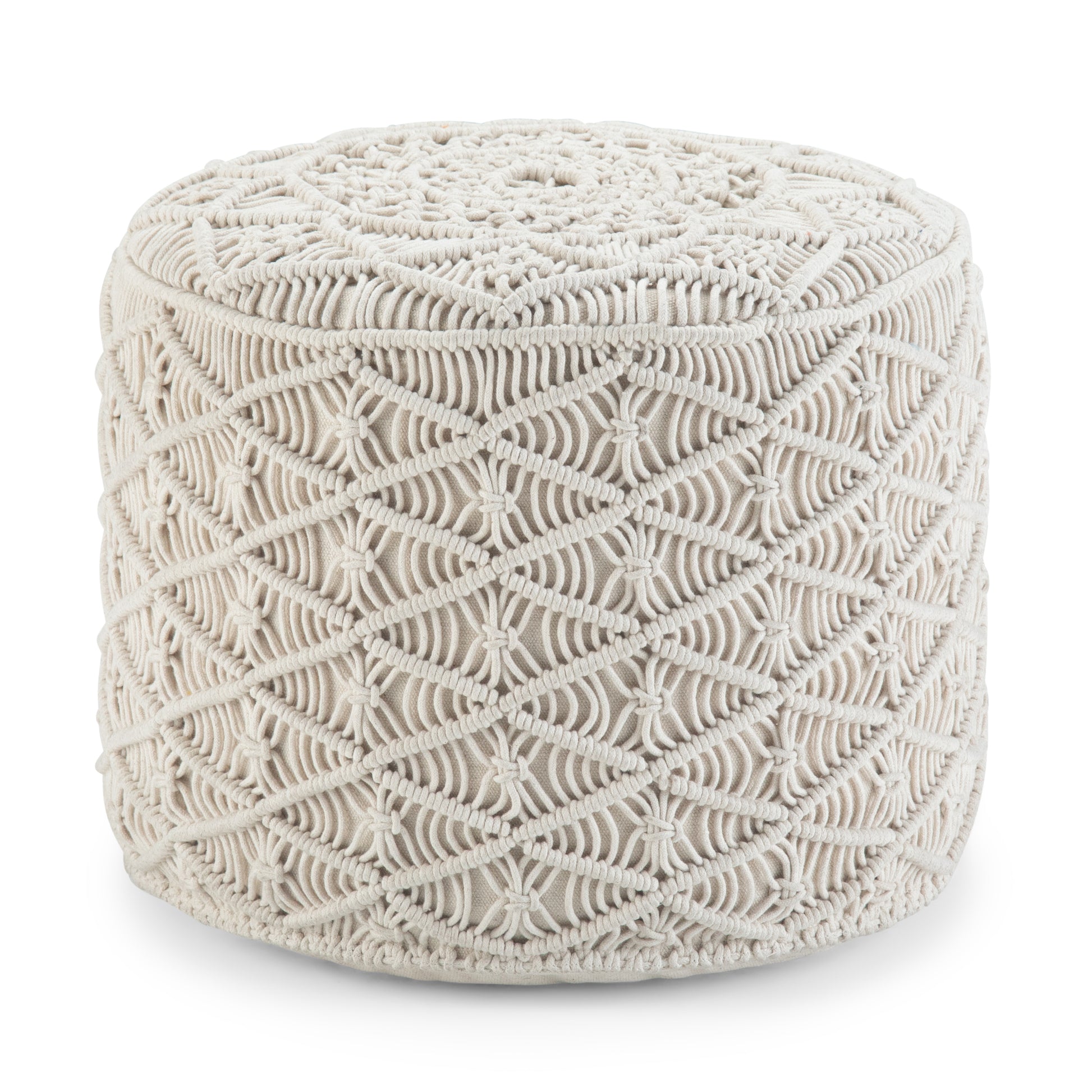 Coates 18 inch Wide Round Pouf in Natural Handwoven Cotton Macrame