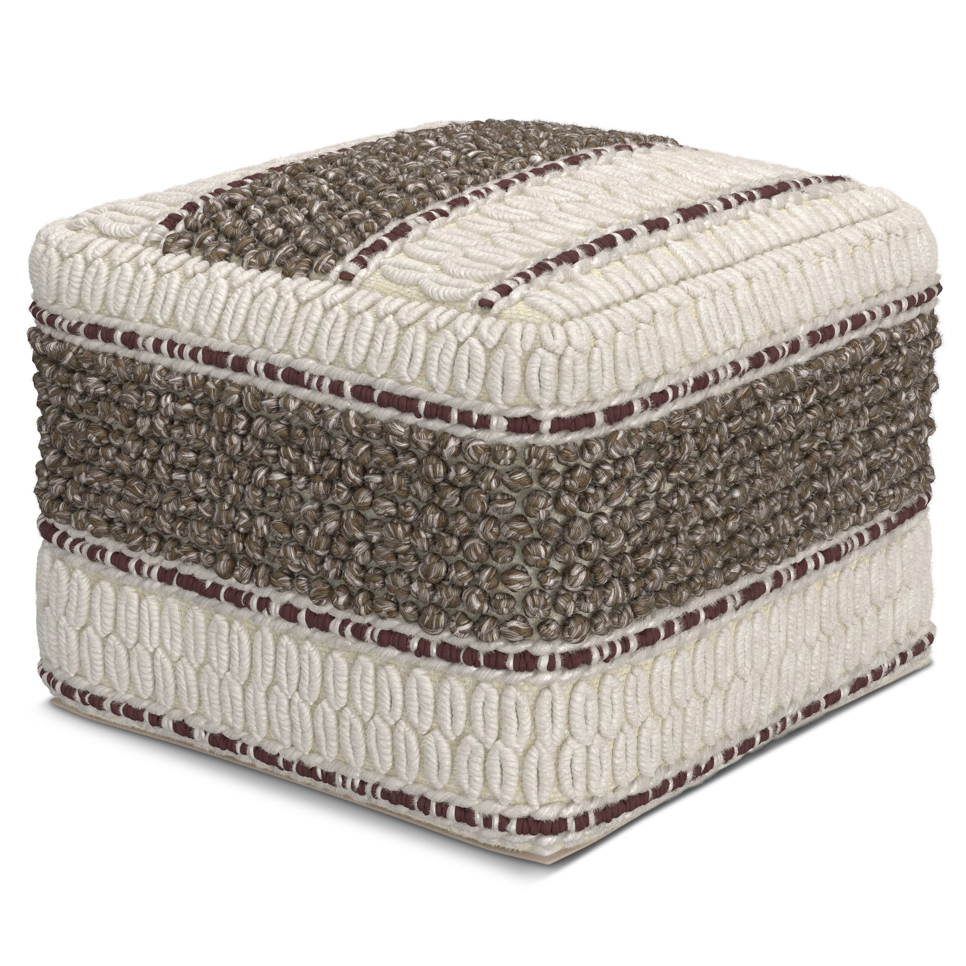 Grady 18 inch Wide Square Pouf in Earth Tone Brown Handloom Wool and Cotton