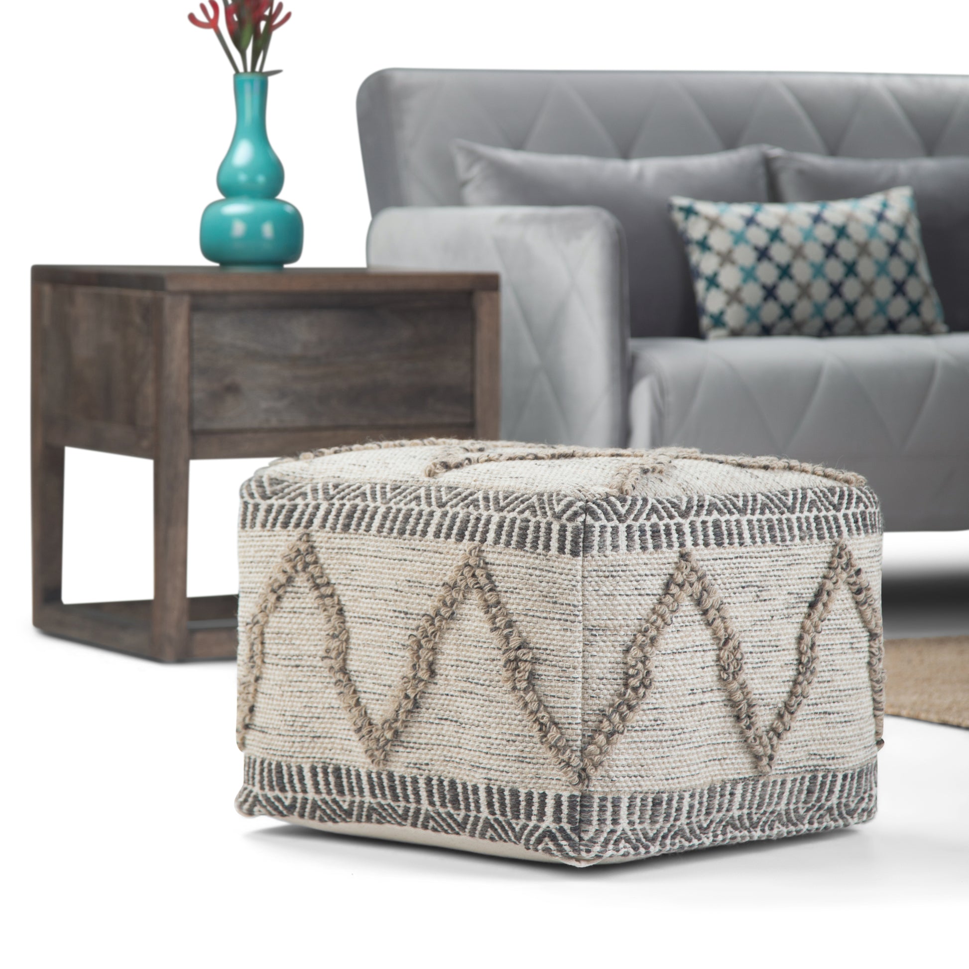 Beige Fabric Square Pouf - 18" D x 18" W for Living Room
