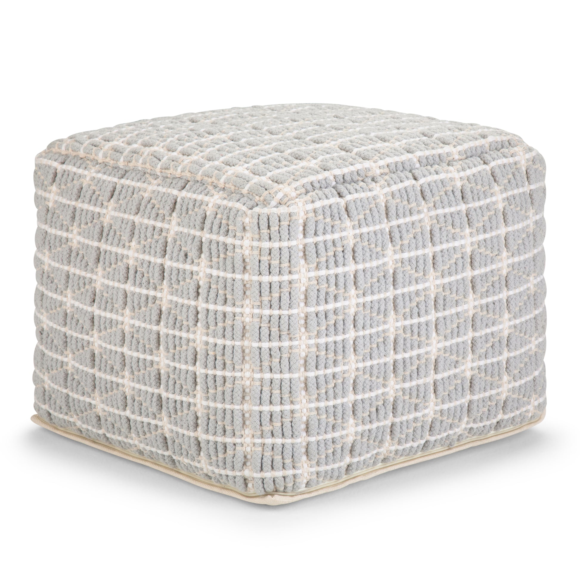 Noreen 18 inch Wide Square Pouf in Light Blue and White Handwoven Cotton