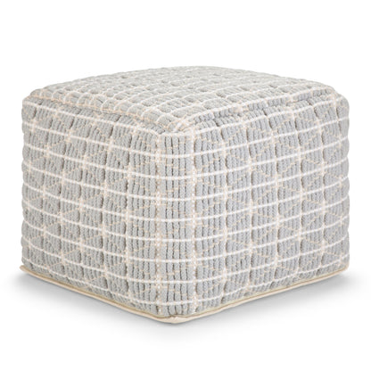 Noreen 18 inch Wide Square Pouf in Light Blue and White Handwoven Cotton