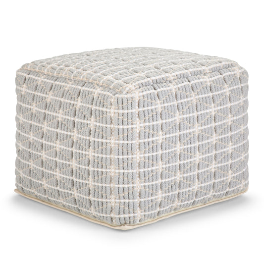 Noreen 18 inch Wide Square Pouf in Light Blue and White Handwoven Cotton