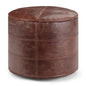 Connor 18 inch Wide Round Pouf in Distressed Brown Genuine Leather