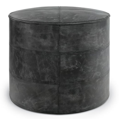 Connor 18 inch Wide Round Pouf in Distressed Black Genuine Leather