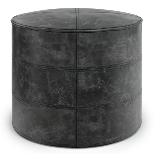 Connor 18 inch Wide Round Pouf in Distressed Black Genuine Leather
