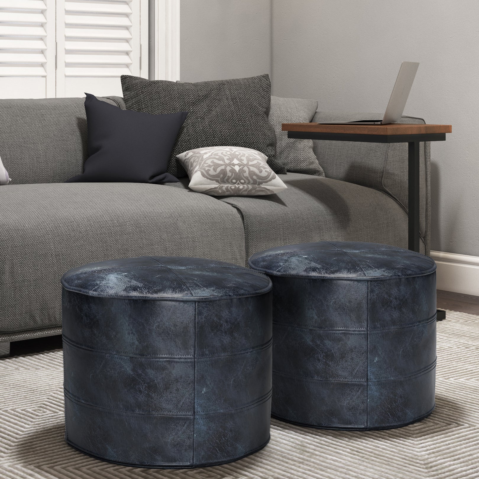 Distressed Blue Leather Pouf for Living Room Comfort and Storage