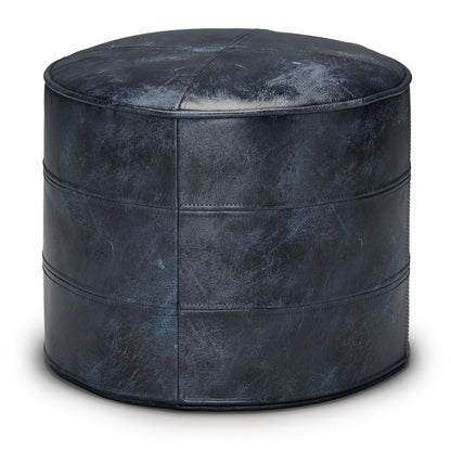 Connor 18 inch Wide Round Pouf in Distressed Navy Blue Genuine Leather